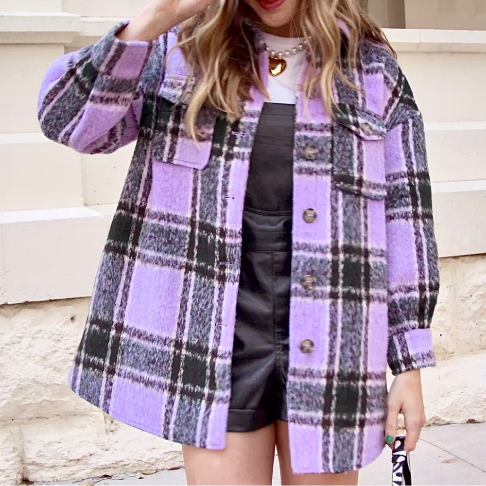 - Anthropologie XL Oversized Purple Plaid Shirt Coat! NEW!